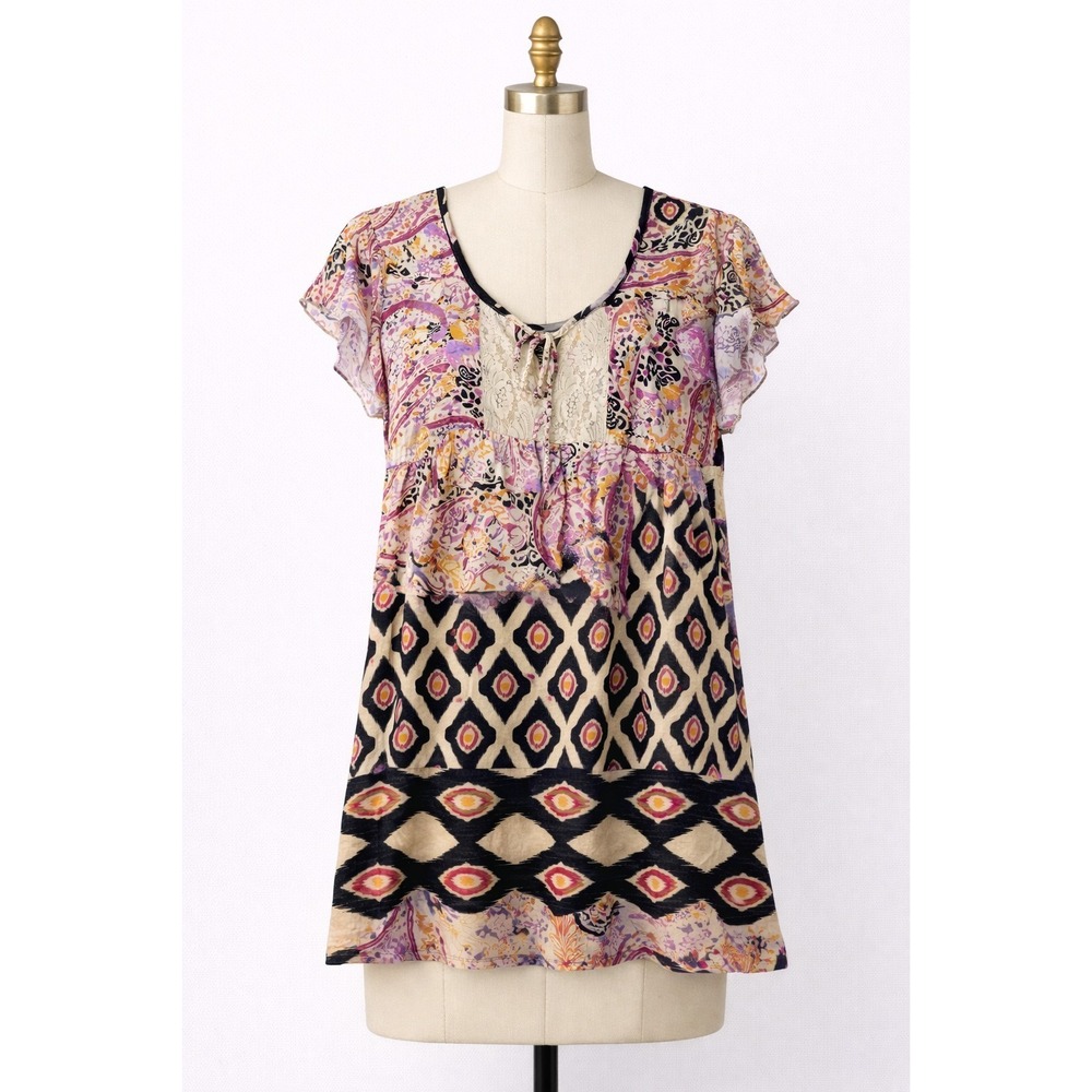 No Boundaries XL 15/17 Boho Paisley Lace Tunic Top Flutter Sleeve Babydoll Shirt